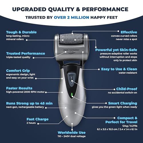 Electric Callus Remover for Feet: Best Pedicure Tools for Men by Own Harmony with 3 Rollers (Powerful), Electronic Pedi Spa Foot File Care - Perfect for Hard, Cracked, Dry, Dead Skin (USB Cable)