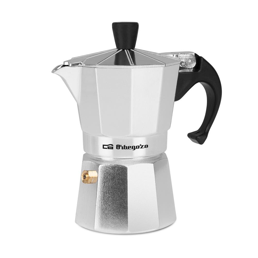 Orbegozo KF 200 - Italienischer Kaffeekocher aus Aluminium, Kapazität: 2 Tassen, ergonomischer Griff, Sicherheitsventil, abnehmbarer Filter