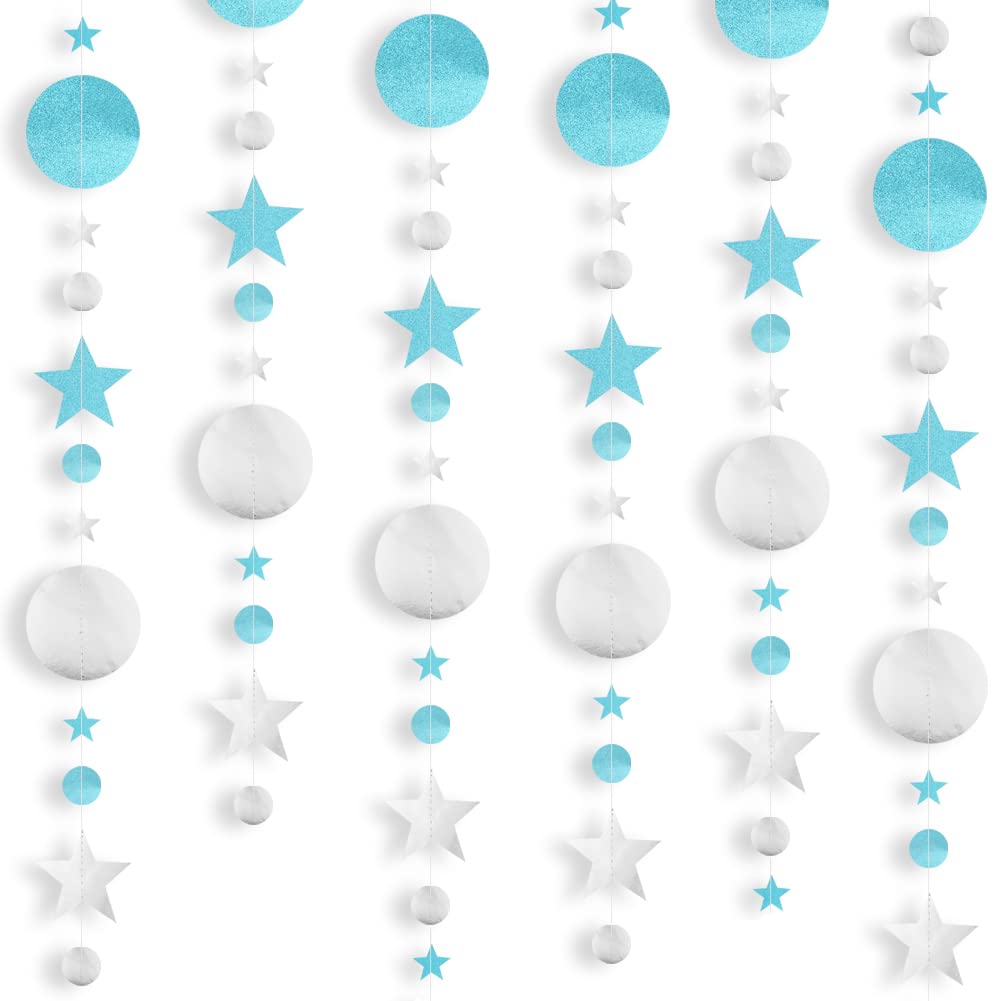 78 Feet Reflective Star Circle Dot Banner Streamer,Glitter Sparkling Star Paper Bunting Hanging Banner Garland Party Decoration for Kid Wedding Baby Shower Christmas Kids Birthday New Year(Blue+Pink)