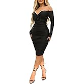 Ekaliy Women's Sexy Black Off The Shoulder Midi Dress Long Sleeve Ruched Bodycon Dresses