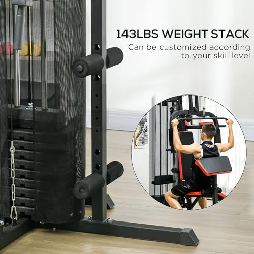Soozier All-in-One Home Gym System, Multi Gym Workout Station with Weight Stack, LAT Pull Down, Sit up Bench, Push up Stand, Adjustable, for Full Body Training