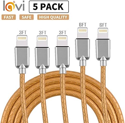 Lavibest Iphone Lightning Cable 5 Pack (3ft/3ft/3ft/6ft/6ft) High Speed Iphone Charger Extra Cortex Fast Charging Cord for iPhone x/8/7/7 plus/6/6s/6 plus/6s plus/ iPad/ iPod touch- Gold