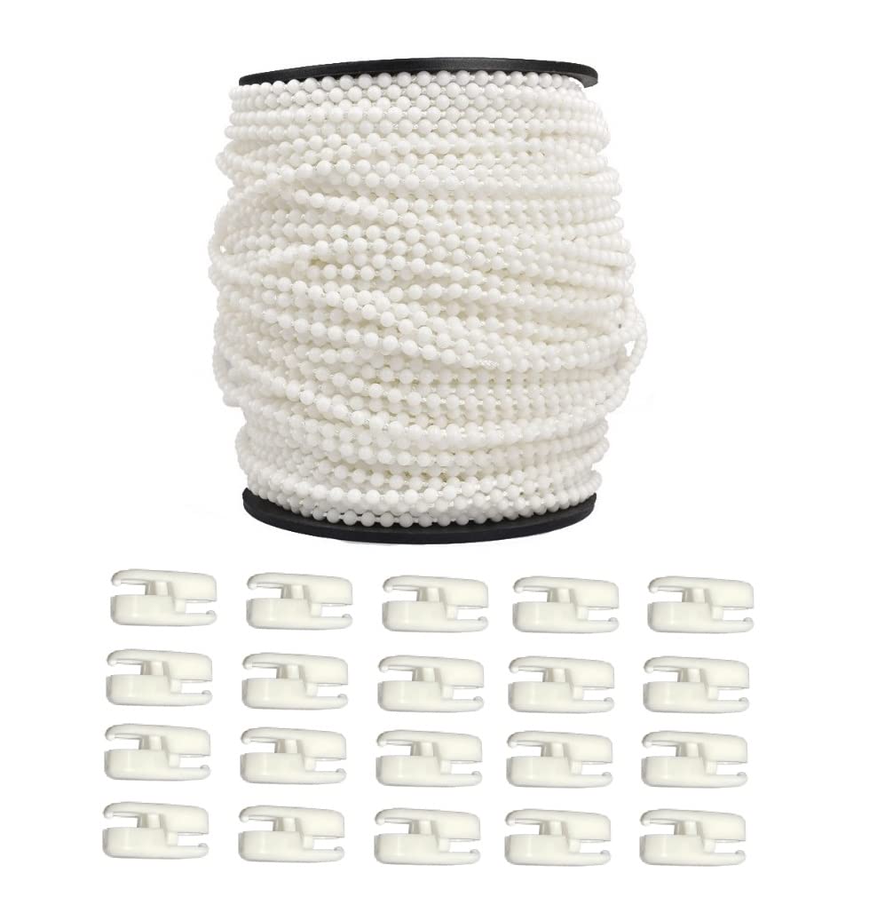 HASAYAKI Curtain Beaded Chain Cord, 100m / roll Beaded Pull Strings with 20 Connectors, Repair for Roller Blinds Shades - White