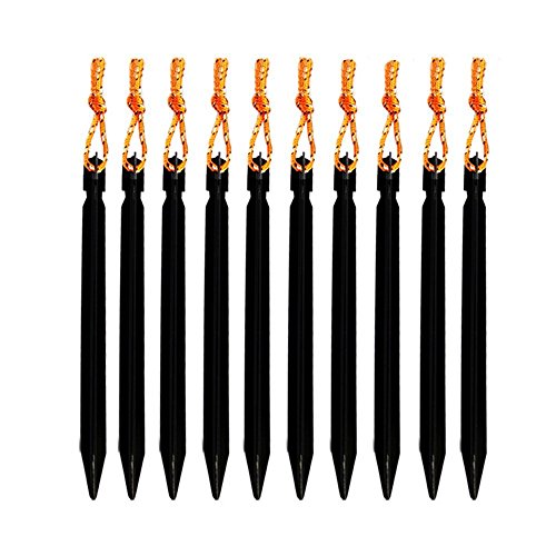 Homgaty 10Pcs Tent Pegs 7 Inch Long Aluminum Outdoors Tent Stakes with Reflective Rope for Hiking, Camping Trip(Black)