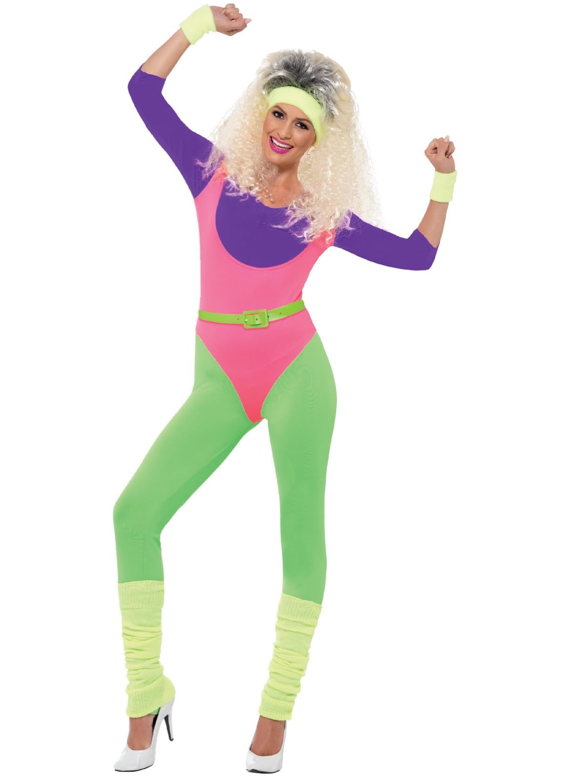 Smiffys 80s Work Out Costume, with Jumpsuit, Neon, S - UK Size 08-10