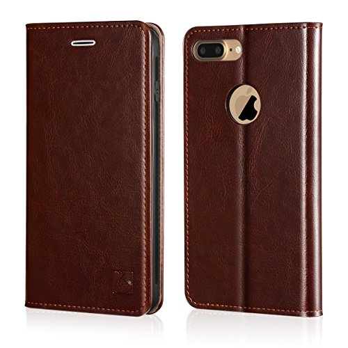 Belemay iPhone 8 Plus Wallet Case, Genuine Cowhide Leather Flip Case [Slim Fit] Folio Cover [Shockproof Soft TPU Inner Case] Card Holder Slots, Kickstand, Cash Pockets Compatible iPhone 8 Plus, Brown