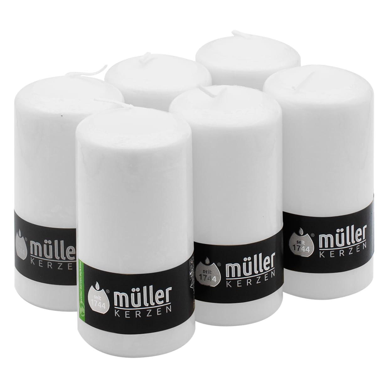 Müller Tall Pillar Candles - Set of 6 Unscented White Pillars in Bulk - 6,8 x 13,5 Cm - 40 Hours Long Burning Decorative Candles - Dripless Wax - Smokeless Wick - RAL Quality - Made in Germany
