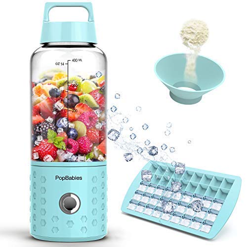 PopBabies Personl Blender, Smoothie Blender for single served, USB Rechargeable Portable Blender for Shakes and Smoothies, Stronger and Faster with Ice Tray Funnel Recipe, Carolina Blue(FDA BPA free)