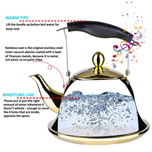 Whistling Tea Kettle with Infuser Stainless Steel Teapot Gold Teakettle for Stovetop Induction Stove Top Fast Boiling Heat Water Cute Tea Pot 2-Liter 2.1-Quart - Thumbnail 4