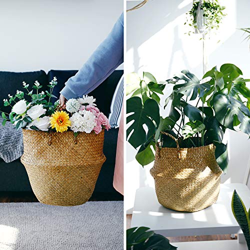 POTEY Seagrass Plant Basket Hand Woven Belly Basket with Handles