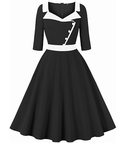 1940s homecoming dresses Vintage Women Bow Tie Neck Dress Retro 40s 50s Button Up Business Work A-line Cocktail Black S : Clothing, Shoes & Jewelry ruffle hemline