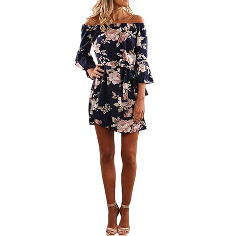 PINMINGTANG Frauen Chiffon Kleid Sommer Schulterfrei Blumendruck Boho Strandkleid Partykleid Vestidos de Fiesta Plus Größe (S