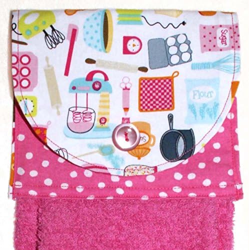 Hot Pink Hanging Hand Towel - Retro Tools & Mixers Print With Fuschia Plush Towel