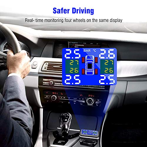 Tsumbay TPMS Car Tire Pressure Monitoring System Wireless Real-time Alarm with 4pcs External Sensors (1.1-3.5 Bar/ 16-51 Psi), Temperature and Pressure LCD Display - Thumbnail 6