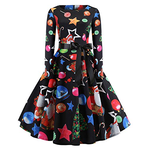 Christmas Dresses for Women Vintage Long Sleeve Dress Swing Christmas Print Mini Dress Print Party Evening Dress