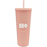 Sorority Shop Pi Beta Phi Studded Tumbler with Straw - 24 Oz Tumbler with Lid and Straw, Matte Coral, Reusable Plastic Cup with Screen Printed Greek Letters for Water, Ice Coffee or Any Drink