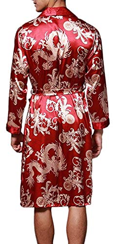 VERNASSA Mens Satin Robe Silk Long Sleeve Kimono Bathrobe Sleepwear Loungewear Burgundy