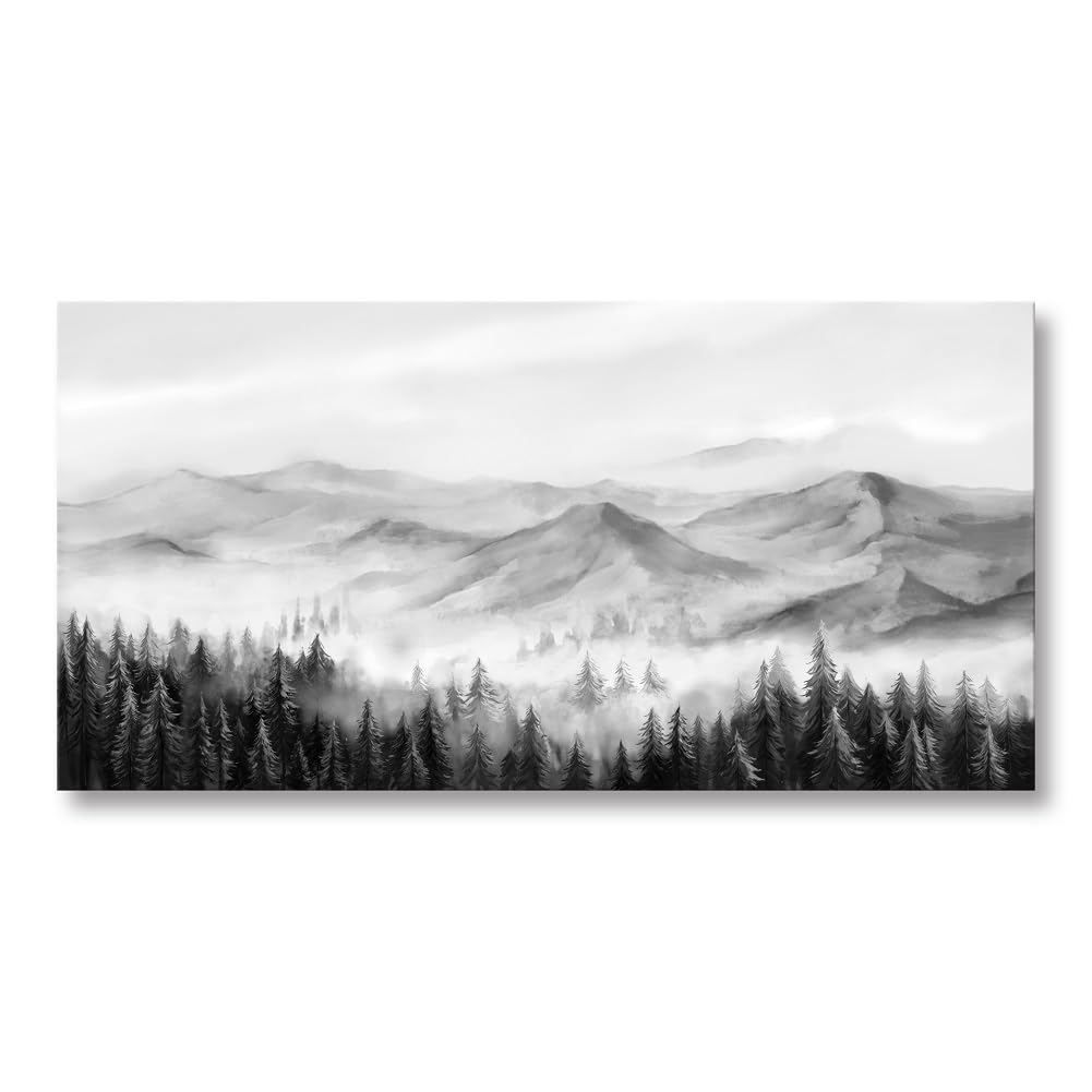 Photo 1 of Foggy Forest Canvas Wall Art Black and White Landscape Painting Misty Mountain Nature Scenery Picture Artwork Modern Office Home Bedroom Living Room Decor