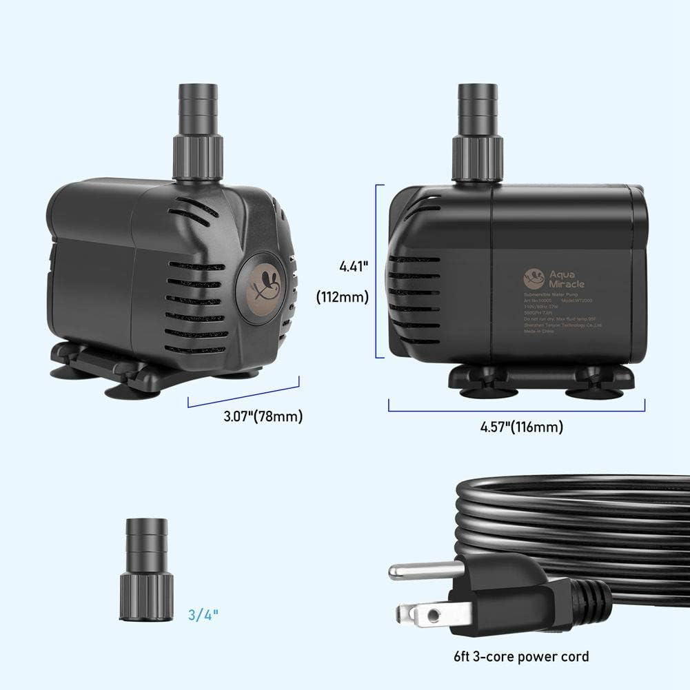 AquaMiracle 400GPH Submersible Water Pump (6ft 3-core UL power cord) with Pre-filtration for aquarium, fish tank, hydroponics, fountain, pond, water garden, waterfall, statuary, water feature,: Home Improvement