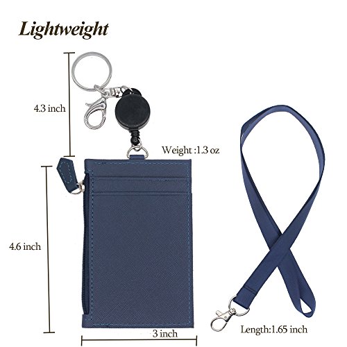 Badge Holder with Zipper,Boarding Pass Holder,2-Sided PU Leather ID Badge Holder with Retractable Badge Reel & Easy Clasp Keychain,1 ID Window 4 Card Slots 1 Zipper Pocket, 17.8” Neck Lanyard (Blue)