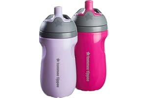 Tommee Tippee Insulated 9oz Sporty Spout Toddler Water Bottle, No Spill, Sippy Cups for Toddlers 1-3, Two-Piece Valve Helps Stop Spills, Lilac & Plum, BPA Free, Pack of 2