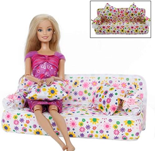 ICCUN 1 Set Mini Furniture Flower Sofa Couch with 2 Cushions for Barbie Doll House Accessories