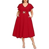 Pinup Fashion Women Plus Size Dresses for Wedding Guest - Cocktail Semi Formal A-Line Midi Dress with Pockets