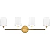 Hinkley Lark Kline Four-Light Bath Vanity - Tapered Etched Opal Glass Shades, Mount Up or Down - Heritage Brass Finish