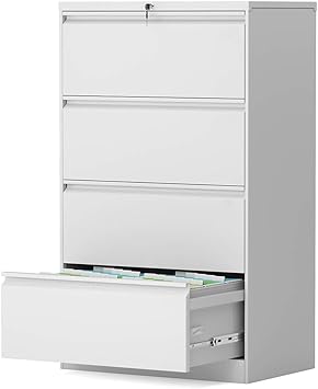Amazon Com Fast Assemble 0 Screw Metal Lateral File Storage Cabinet For Office And Home Steel Lateral Storage Cabinet With 4 Lockable Drawers Assembly Required 28 25 W White Kitchen Dining