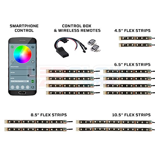 LEDGlow 14pc Advanced Million Color LED Flexible Motorcycle Lighting Strip Kit - Bluetooth-Connected Smartphone App - 138 LEDs - Waterproof Control Box - Dual Zone Control - 2 Wireless Remotes