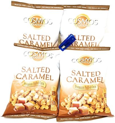 Cosmos Creations Premium Puffed Corn 4 Pack, Gluten Free, Non GMO, Bonus One HG Grocery Bag Clip (Colors Vary) (Salted Caramel, 6.5 Ounce)