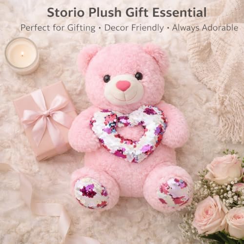 Storio Pink Teddy Bear with Red Heart 30 CM | Cute Soft Plush Stuffed Toy for Girls | Love, Valentine, Anniversary & Birthday Gift | Teddy Bear for Girlfriend, Baby Girl & Kids 3
