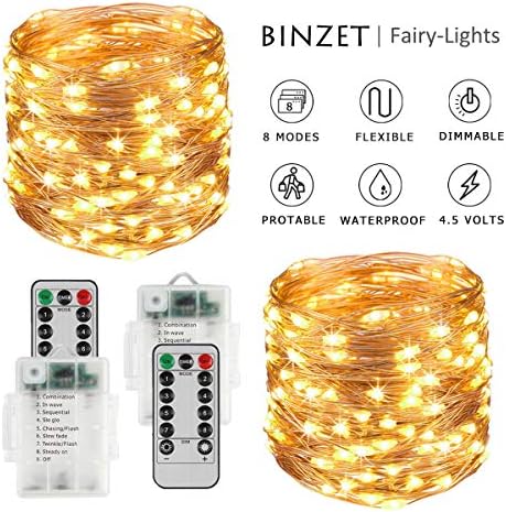BINZET Fairy Lights Battery Operated - 33Ft 100LED Sliver Wire String Lights Waterproof 8 Modes LED Lighting String with Remote Control for Christmas Wedding Party Home DIY Decor, Warm White 2 Pack