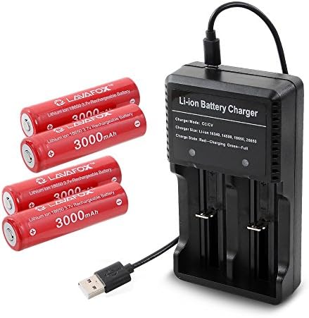 18650 Battery with Charger, LAVAFOX 18650 Rechargeable Batteries 3000mAh 3.7V Lithium-ion with Dual Channel Charger For Flashlight, Headlamps, High Drain Devices (4 Pack)