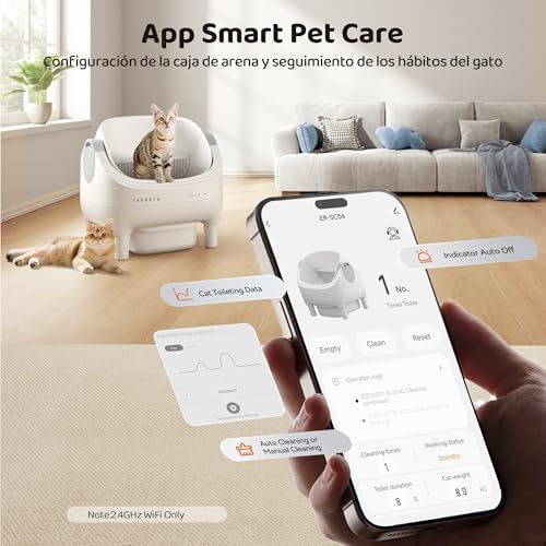 Arenero Gatos Autolimpiable con Diseño Abierto y Gran Capacidad, Arenero Gato con App, Limpieza Rápida y Fácil de Palear, Ideal para Hogares con Varios Gatos