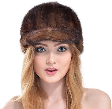 Vemolla Women's 100% Real Luxious Mink Fur Knitted Hat Cap with Brim Brown