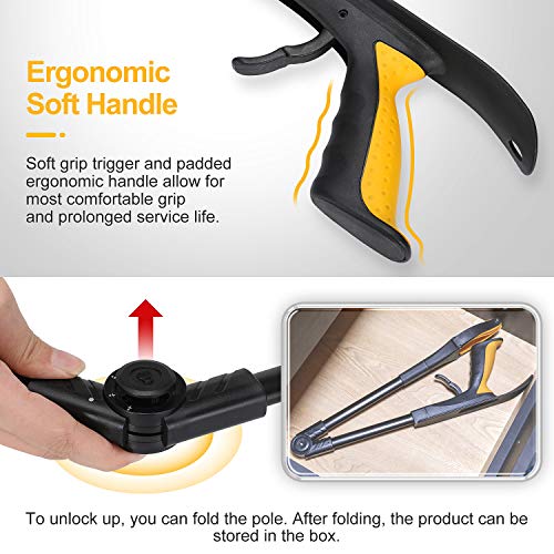 Jellas Reacher Grabber Tool, 0°-180° Angled Arm, 90° Rotating Head, 32" Foldable Claw Grabber with Magnetic Tips, Reaching Assist Tool for Trash Pick Up, Litter Picker, Arm Extension (Yellow) - Thumbnail 6