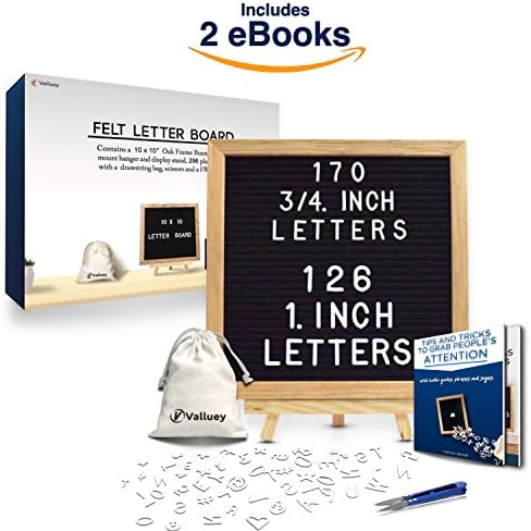 Felt Letter Board 10 x 10 inches with Wooden TRIPOD STAND Classy Black Felt 296 2 SIZE Changeable Letters Gift Box 2 FREE eBooks Oak Frame Wall Mount Hanger Drawstring Bag Perfect gift by Valluey