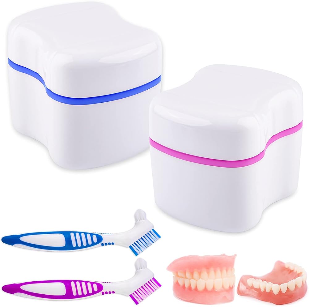Tophoniex Denture Bath Case 2 Pack with 2 Cleanser Brushes Blue Pink Purple