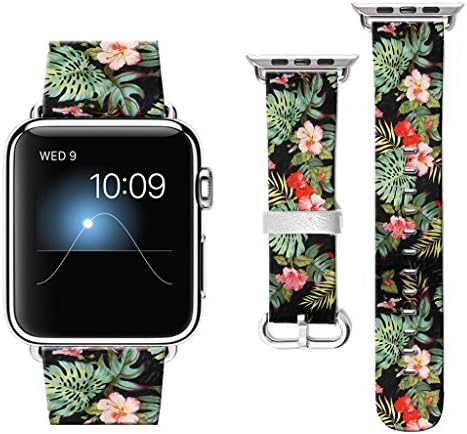 Compatible with Apple Watch Band 44mm 2018, Watchbands for iWatch 42mm, Leather Bands Compatible with Apple Watch 42mm Nike+ Series 4/3/2/1 Sports Edition Retro Black Hibiscus Flower