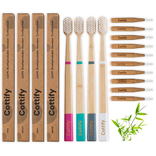 Cottify Pack de 4 Brosses à Dents en Bambou Biologique avec 10 Brossettes Interdentaires/Poils Souples sans BPA/Biodegradable/Vegan/Brosse à Dents écologique/Pratique / 4 Coloris