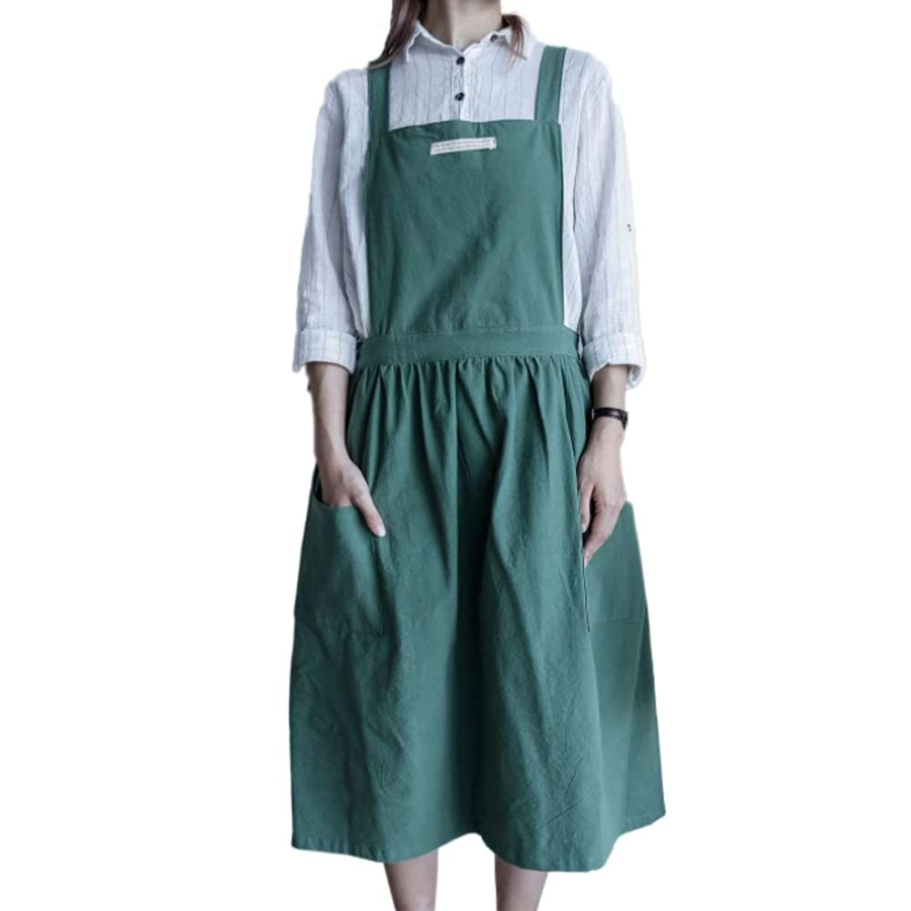 SSXX Soft cotton kitchen cooking apron with cross back - for cooking catering work commercial restaurant, the size can be adjusted, Grass-green, 110 cm