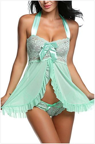 Lifeisbest Women Sexy Nightwear Halter Lace Strap Babydoll Lingerie(M(US6-10)-Green)