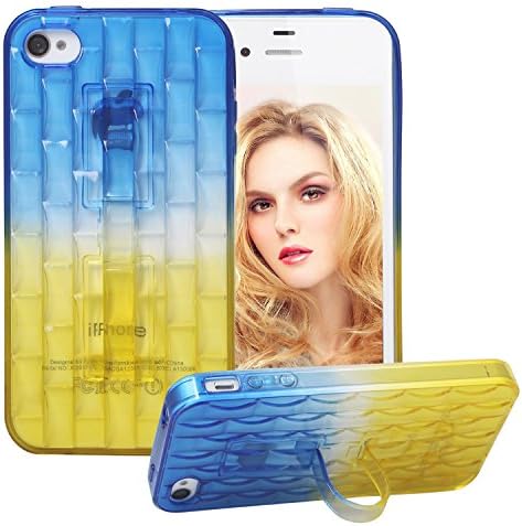 iPhone 4S Case, iPhone 4 Case, AUMI Colorful Clear Fashion Cute Shell Slim Case Translucent Flexible Soft Case Cover with Invisible Kickstand for Apple iPhone 4/4S (Blue-Yellow)