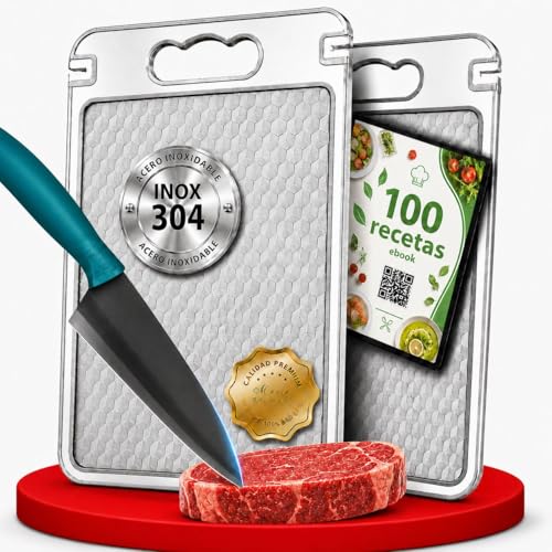 Tabla de Cortar Acero Inoxidable 304 Antibacteriana 35x25 cm | 3 en 1 con Afilador, Rallador y Canal Antiderrame | Doble Cara | Cuchillo Profesional + eBook 100 Recetas Mediterráneas