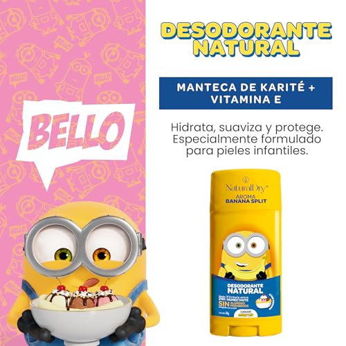 NaturalDry - Desodorante Para Niños y Teens Natural Infantil Minions 50g | Sin Aluminio ni Parabenos | 24hrs Protección | Para Niños y Adolescentes Piel Sensible (2 x Banana Split)