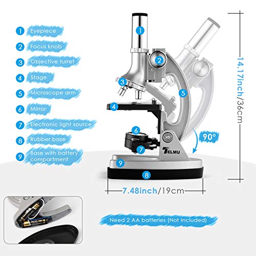 TELMU Microscope 300X-600X-1200X 70pcs+ Accessory Microscope Kit for Beginner with Mini Projector & Metal and Rubber Base