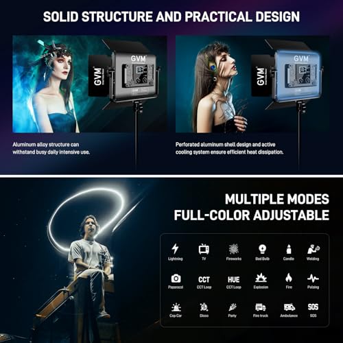 GVM LED Video Light with Tripod, 880RS 60W RGB Studio Light Video Light Panel 3200K-5600K 11200Lux/0.5 m Photography Continuous Light for YouTube Studio Film Light Streaming, 18 Light Effect, App Control, CRI97+