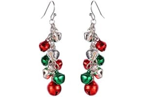 NEWZENRO Silver Red Green Christmas Jingle Bell Tinkle Bell Cute Ornament Long Chain Dangle Earrings for Women Fish Hook Dangling Hanging Hypoallergenic Christmas Festival Party Jewelry Gift for Bff