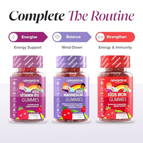 Kids Vitamin B12 Gummies - Vitamin B Complex - with B1, B2, B6, Biotin, Folic Acid - Energy & Metabolism Support - Alternative to Vitamin B12 Tablets - 30 Gummies - Vegan - Novomins